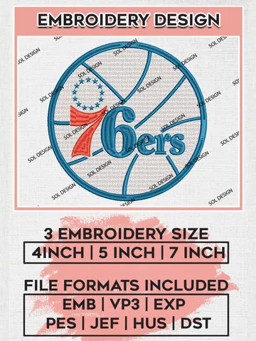NBA 76ers Logo Embroidery Designs, NBA Philadelphia 76ers Embroidery Designs, Basketball Team Logo Embroidery Files, NBA Team, 3 sizes, Machine embroidery Files, Digital Download $6.99