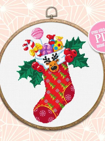 Christmas sock cross stitch pattern PDF download Merry Christmas cross stitch chart, Christmas pattern digital PDF, Stocking with gifts #N30 $4.60