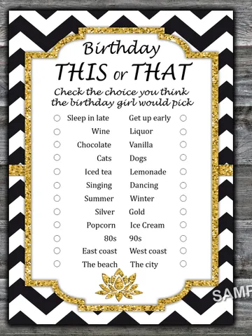 Black White Chevron Birthday This or that game,Adult Birthday party game-fun games for her-Instant download $1.75