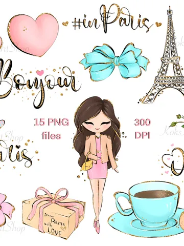 Paris PNG, Paris Clipart, Girl in Paris stickers, Girl in Paris clipart, Eiffel Tower clipart, Eiffel Tower PNG, Fashion Girl stickers $8.00