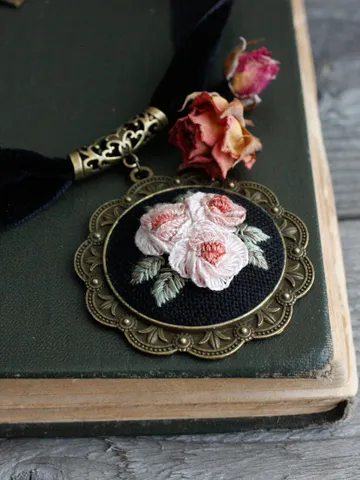 Thick black velvet choker necklace with pendant Wide Victorian choker necklace cameo Handmade Blush pink dusty Roses necklace $49.00