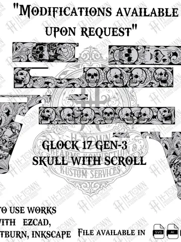 Glock 17 Gen 3 Skull And Scroll Engraving | Gothic Grip & Slide Vector Design | Laser Svg PNG EPS AI | Custom Pistol Art