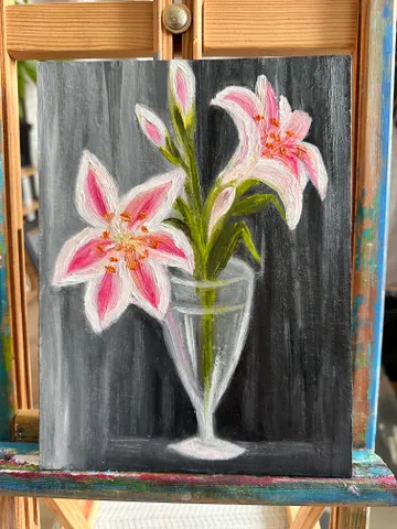 Oil Painting Pink Lilies in a Glass Vase Bouquet of Lilies Flowers Floral Still Life Nature Plants Wall Decor 9x7 inches 24x18 cm Cardboard $61.00