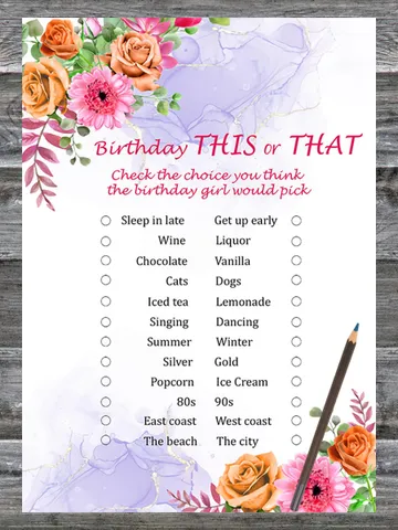 Flowers Birthday This or that game,Adult Birthday party game-fun games for her-Instant download $1.75