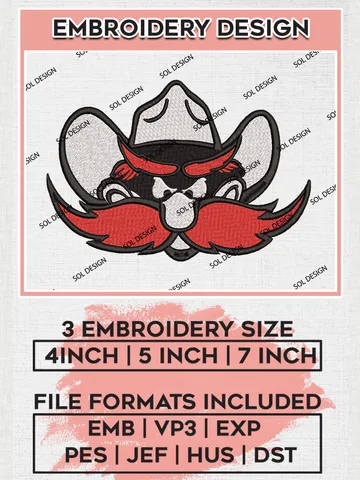 Texas Tech Red Raiders Mascot Embroidery Designs, NCAA Logo Embroidery Files, NCAA Texas Tech Red Raiders Logo, NCAA Embroidery Designs, Machine Embroidery Designs, Digital Download $6.99