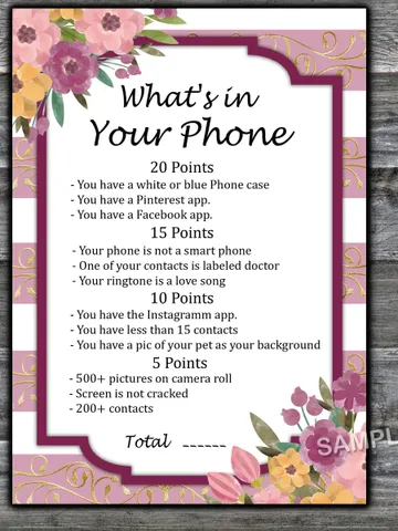 Pink Striped What's in Your Phone Birthday Party Game,Adult Birthday party game-fun games for her-Instant download $1.75