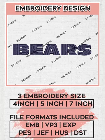 Chicago Bears Wordmark Embroidery Design Files, NFL Bears, NFL Logo Embroidery Files, NFL Chicago Bears Machine Embroidery Design, Digital Download