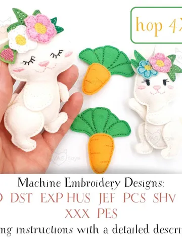 ITH Easter Bunny with Flowers Embroidery Design, Felt Rabbit Soft Toy Pattern Pack, 4x4 Hoop Digital File