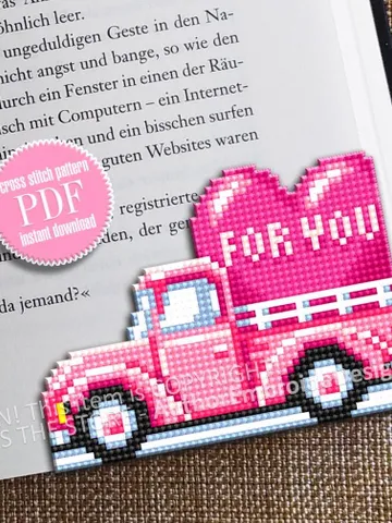 Valentine truck Corner bookmark cross stitch pattern PDF download Pink truck cross stitch chart Valentine bookmark pattern digital PDF #B398 $4.10
