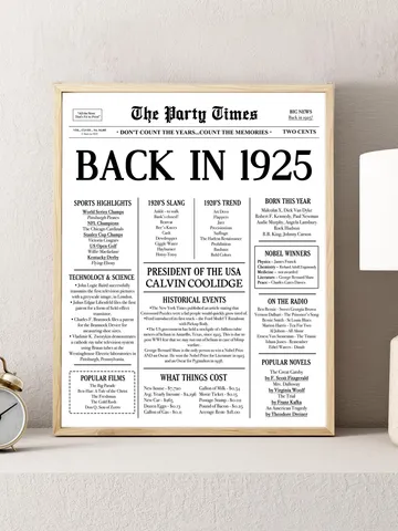 100th Birthday Newspaper Poster Back in 1925 Sign, What Happened in 1925, 100 Years Ago Fun Facts, Vintage Printable Decor, Last Minute Gift $7.00