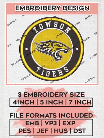 NCAA Towson Tigers Round Logo Embroidery, NCAA Towson Tigers Logo Embroidery files, NCAA Teams, Machine embroidery designs, Digital Download $6.99