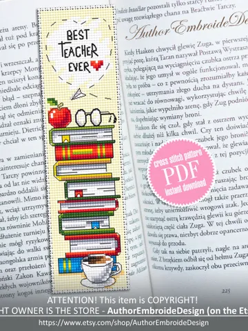 Teacher bookmark cross stitch pattern PDF download Best teacher ever, Handmade bookmark pattern digital PDF, Teachers day gift School #B352 $4.40