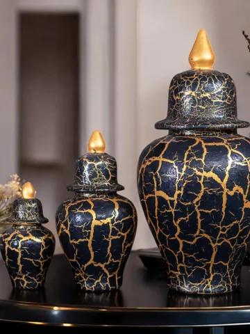 Set of 3 Black and Gold Jars with Crackle Finish – 3 Sizes, Decorative Jar Set in Black and Gold with Crackle Design