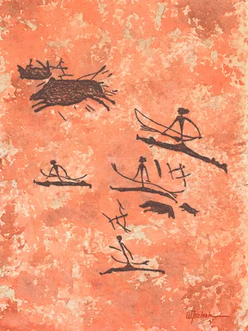 Boar hunting wall art | Original Pastel and Watercolor Artwork Ancient Cave Painting Style | Hunters Prehistoric art | Handmade Artwork | Archers stylization of rock art | Drawings of a prehistoric man $90.00
