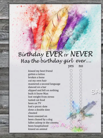 Tribal Feather Birthday ever or never game,Adult Birthday party game-fun games for her-Instant download