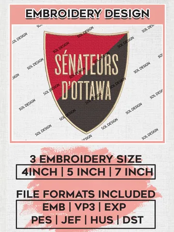 Ottawa Senators NHL Team Shield Logo Embroidery Design, NHL Ottawa Senators Logo Embroidery Files, Hockey Team Machine Embroidery, Machine Embroidery Design