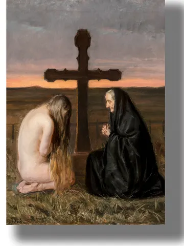Grief. Naked girl and old woman at the grave cross. $21.00