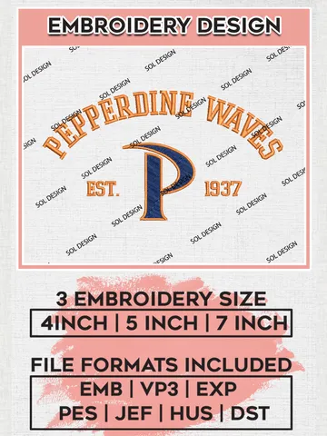 Pepperdine Waves Est 1937 Embroidery Designs, NCAA Pepperdine Waves Team Embroidery, NCAA Team Logo, 3 sizes, Machine embroidery Files, Digital Download $6.99