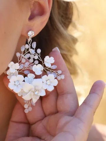 Hoop Rose Gold Floral Weddings Earrings | White Opal Crystal Bridal Earrings | Bohemian Gold Wedding Jewelry | Chandelier Statement Earrings $122.00