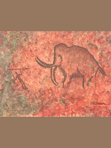 Hunter and mammoth wall art | Original Pastel and Watercolor Artwork Ancient Cave Painting Style | Prehistoric art | Handmade Artwork | Stylization of rock art | Drawings of a prehistoric man $90.00