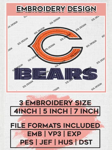 Chicago Bears Embroidery Design Files, NFL Bears, NFL Logo Embroidery Files, NFL Chicago Bears Machine Embroidery Design, Digital Download