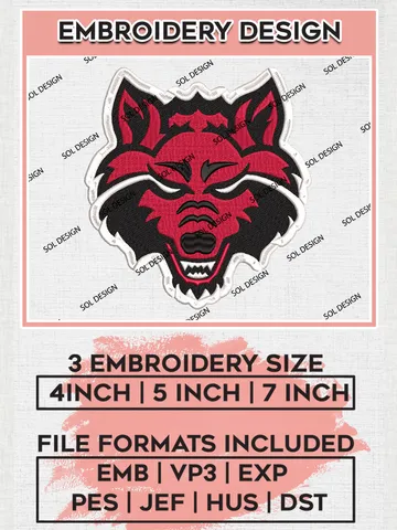 NCAA Arkansas State Red Wolves Mascot Logo Embroidery Designs, NCAA Logo Machine Embroidery Files, NCAA Arkansas State Logo, NCAA Embroidery Designs, Machine Embroidery Designs, Digital Download $6.99