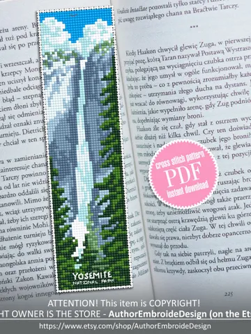 Yosemite National park bookmark cross stitch pattern PDF download Nature cross stitch chart, Digital bookmark pattern PDF, Waterfall #B170 $4.40
