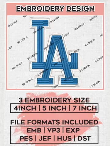 MLB LA Dodgers Logo Embroidery Files, MLB Los Angeles Dodgers Team Embroidery, MLB Teams, 3 sizes, MLB Machine embroidery designs, Digital Download