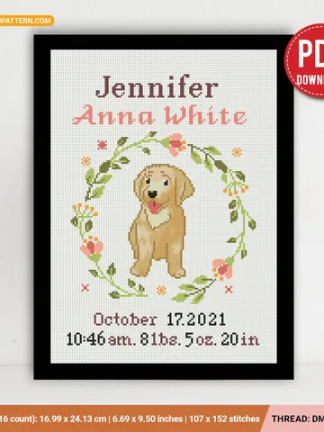 Dog Baby Birth announcement cross stitch pattern, baby, personalized, boy girl nursery decor, chart, gift DIY, embroidery, instant PDF $6.80