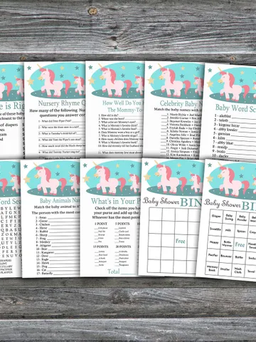 Unicorn baby shower games bundle,Unicorn Baby Shower games package,Fun Baby Shower Games,9 Printable Games-378 $5.95