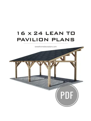 DIY 16 x 24 lean to pavilion plans pdf. Detached carport plans. Wooden covered gazebo outdoor plans. Timber frame backyard garage plans. $16.90