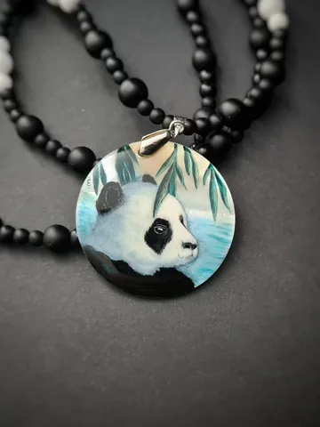Necklace panda with bamboo Painting Christmas Gift Wrapping Shungite beads $85.00