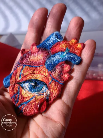 Hand-Embroidered Heart Brooch with Eye, Surreal Wearable Art Pin, Textile Jewelry Gift