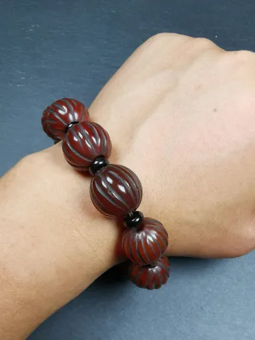 Gandhanra Old Tibetan Wrist Mala, 0.75" Agate Pumpkin Ball Prayer Beads Bracelet $59.99