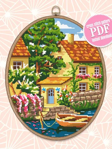 Summer home cross stitch pattern download PDF Village house cross stitch chart Nature landscape river cross stitch Home sweet home #L10 $4.60