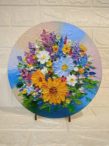 Round Oil Painting Bright Flowers Chamomile Sunflowers Miniature Impasto d.18 cm $46.82