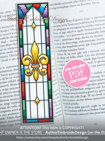 Stained glass bookmark cross stitch pattern PDF download Stained glass flower cross stitch, Fleur de lis Bookmark pattern digital PDF #B299 $4.40