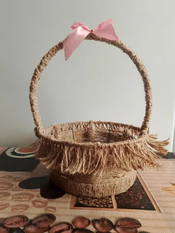 Handmade Jute Rope Fruit Basket – Eco-Friendly Rustic Decor with Pink Bow and Decorative Weave $45.00
