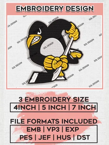 Pittsburgh Penguins Mascot Logo Embroidery Files, NHL Pittsburgh Penguins Machine Embroidery Designs, NHL Embroidery Designs, NHL Machine Embroidery Designs, Digital Download