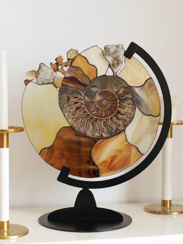 Ammonite with Gemstones on a Large Stand, Tiffany Stained Glass, Ammonite with Gemstones, Tiffany-Style Stained Glass Ammonite, Artistic Ammonite Sculpture, Fossil Art with Crystals, Stained Glass Ammonite on Stand $259.00