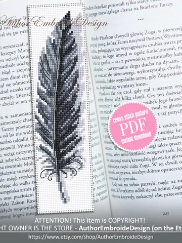 Black feather bookmark cross stitch pattern PDF download Feather cross stitch chart, Simple bookmark pattern digital PDF Bird bookmark #B294 $4.40
