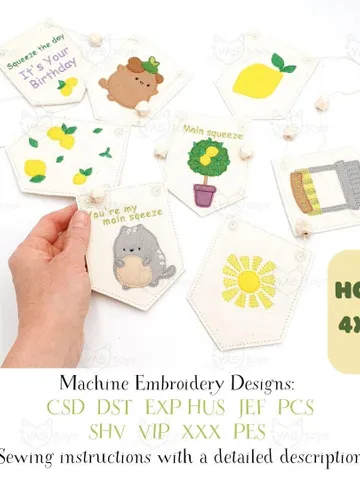 ITH Lemonade Garland Embroidery Design Set, Felt Summer Lemon Party Banner Pattern, 4x4 Hoop Digital File $15.00