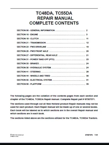 NEW HOLLAND TC48DA TC55DA TRACTOR MANUAL SERVICE REPAIR SHOP