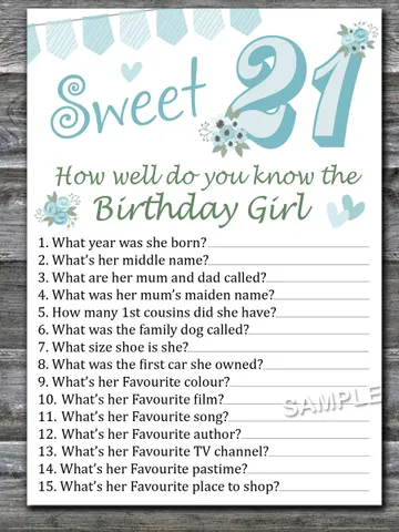 Sweet 21st How well do you know the birthday girl,Adult Birthday party game printable-fun games for her-Instant download $1.50