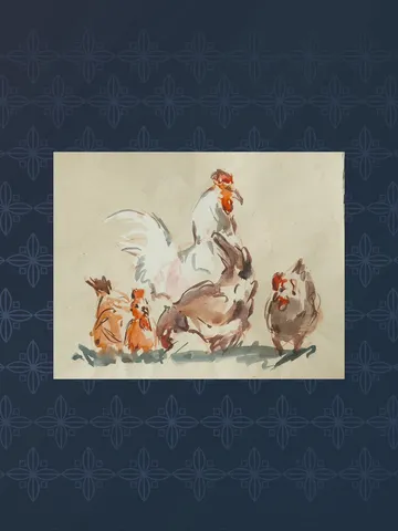 Professional original artwork with rooster and hens