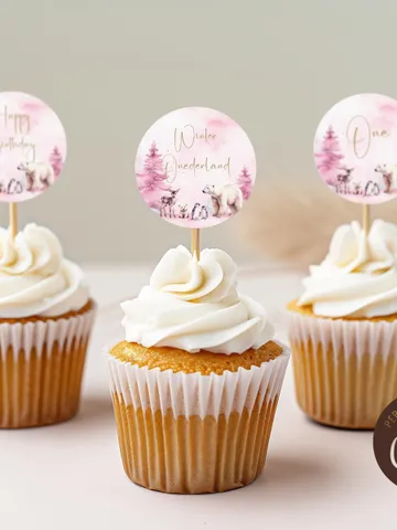 Winter Onerderland Cupcake Toppers Wonderland Girl First 1st Birthday Party Decor Polar Pink Bear Arctic Animals Centerpiece - i123 $4.50