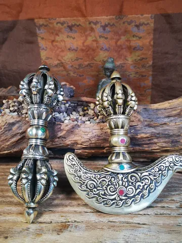 Gandhanra Antique Tibetan Trantic Practitioner Ritual Implements,Nine Pronged Vajra & Kartika(knife of the dakinis), Made of Brass $99.99