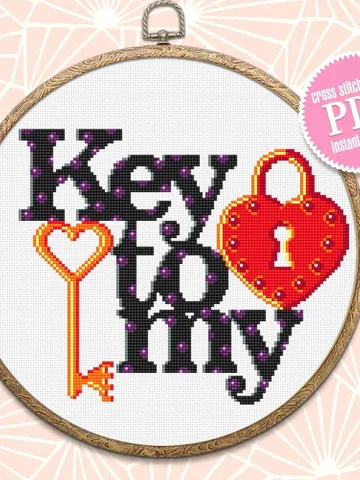 Love quote cross stitch pattern download PDF, Love lettering Key to my heart cross stitch chart, Valentines day gift, Beginner stitch #V7 $4.20