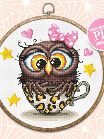 Cute owl cross stitch pattern digital PDF Leopard print cup cross stitch Instant download PDF Funny bird xstitch chart Modern Home decor #D5 $4.60