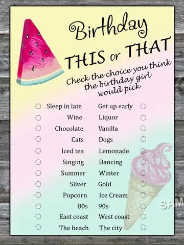 Watermelon Birthday This or that game,Adult Birthday party game-fun games for her-Instant download $1.75